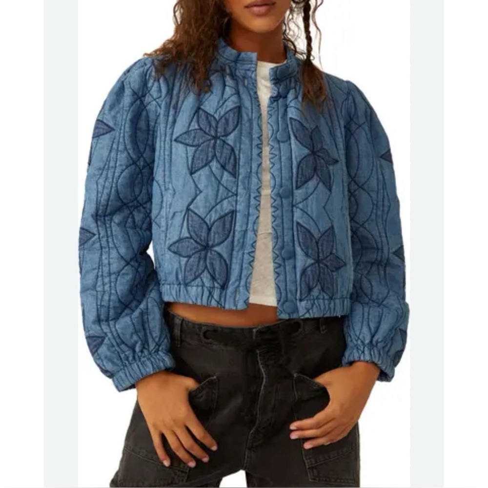 Free People Quinn Quilted Jacket in Indigo Combo Size Large